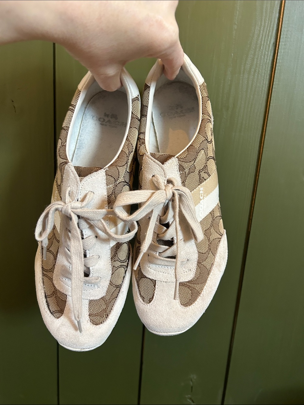 Coach Beige & Cream Signature Logo Women's Sneakers - Lace-Up - Picture 3 of 5